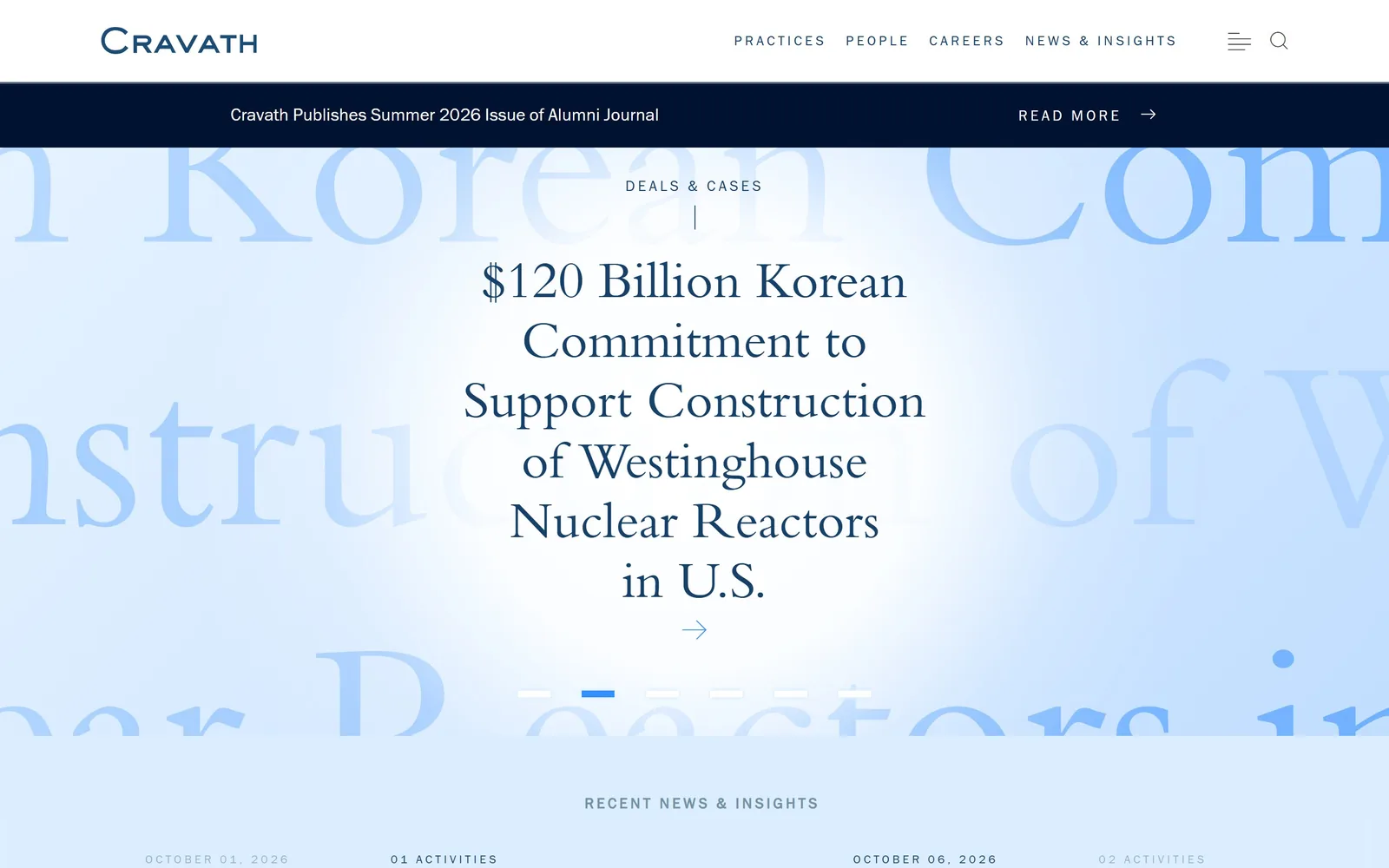 cravath.com, law firm website design: a navy serif deal headline floats over giant pale-blue words from the same sentence