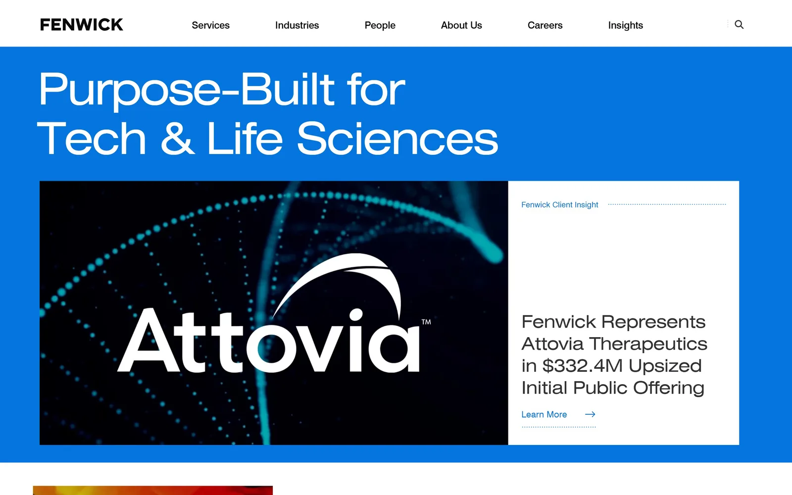 fenwick.com, law firm website design: a full-width cobalt band carrying an 80px white headline, with a client deal card inset underneath it