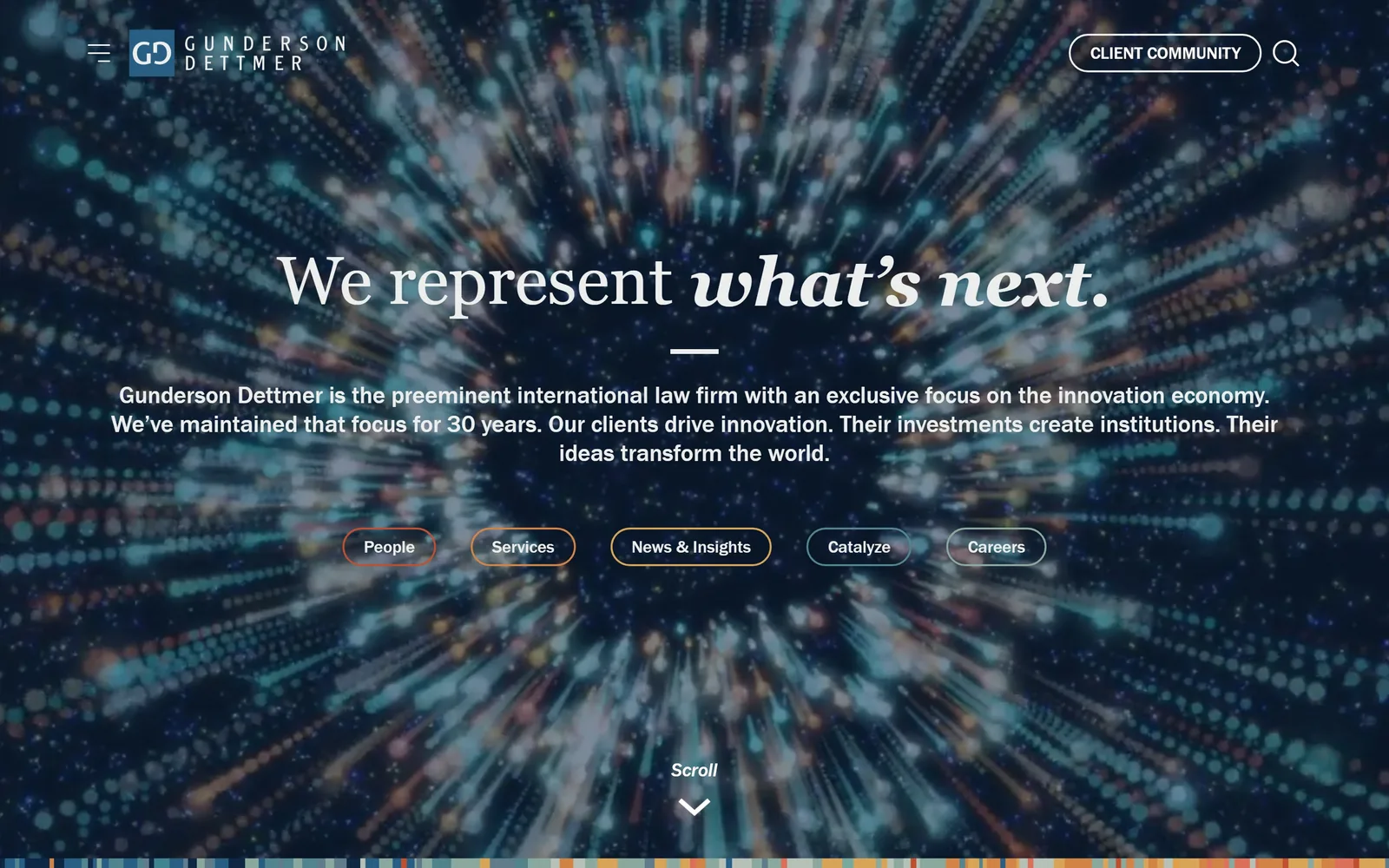 gunder.com, law firm website design: a radial burst of coloured light fills the screen behind a white serif line that ends in italic