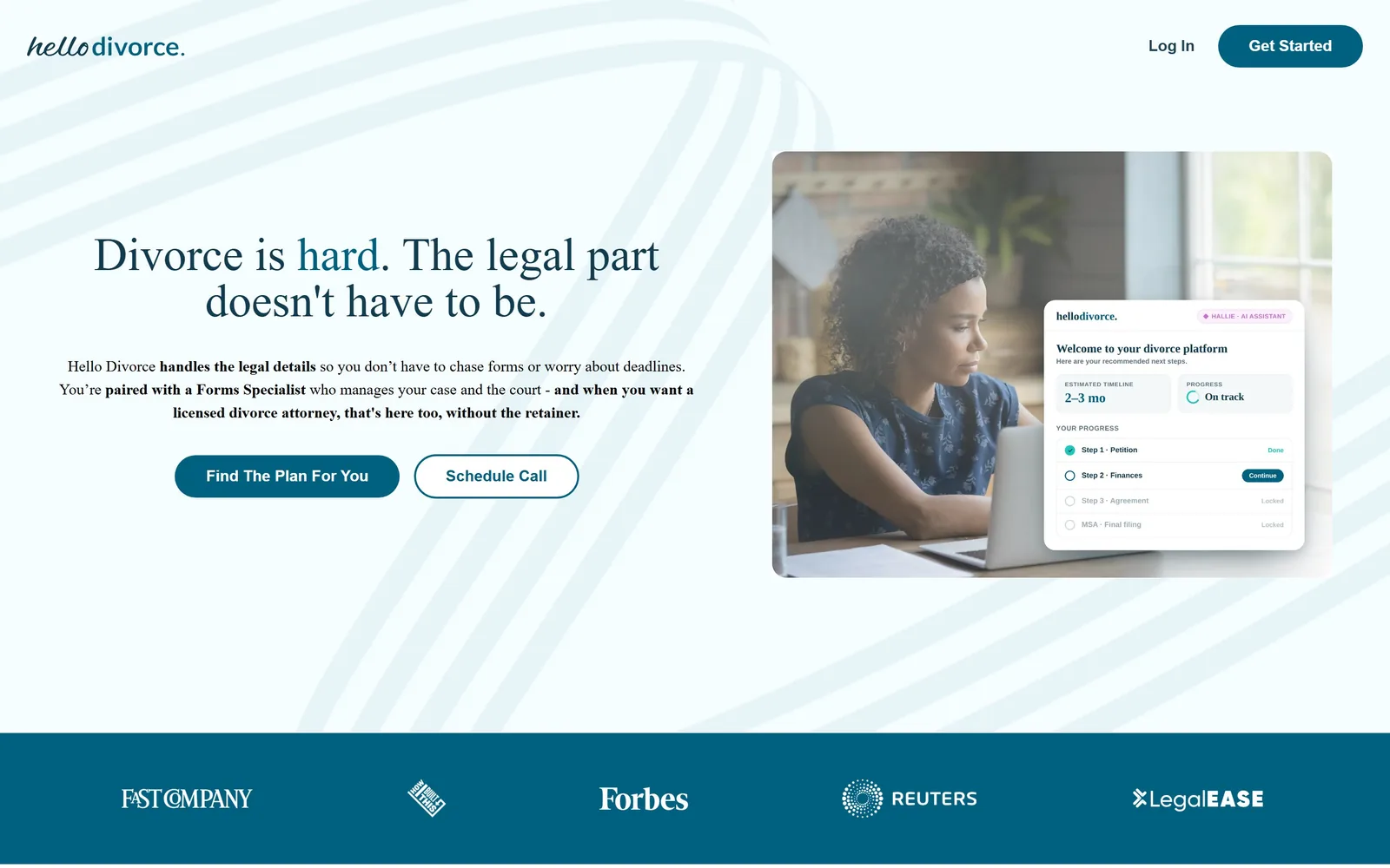 hellodivorce.com, law firm website design: a pale blue page with a serif headline, a photograph of a woman at a laptop