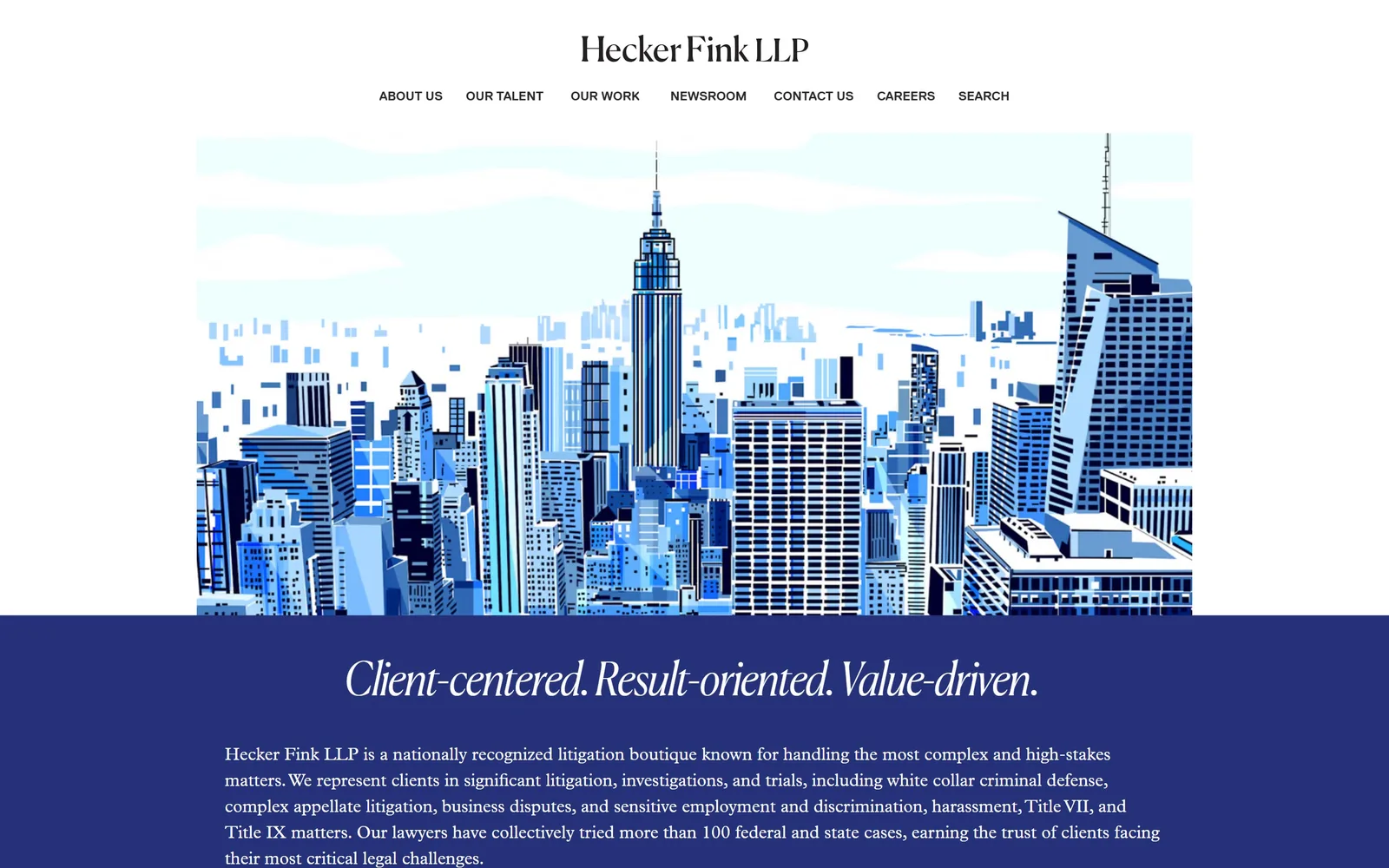 kaplanhecker.com, law firm website design: a flat illustrated Manhattan skyline in six blues