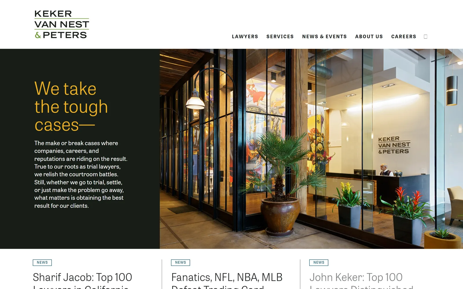 keker.com, law firm website design: dark green panel with a yellow three-line headline at left