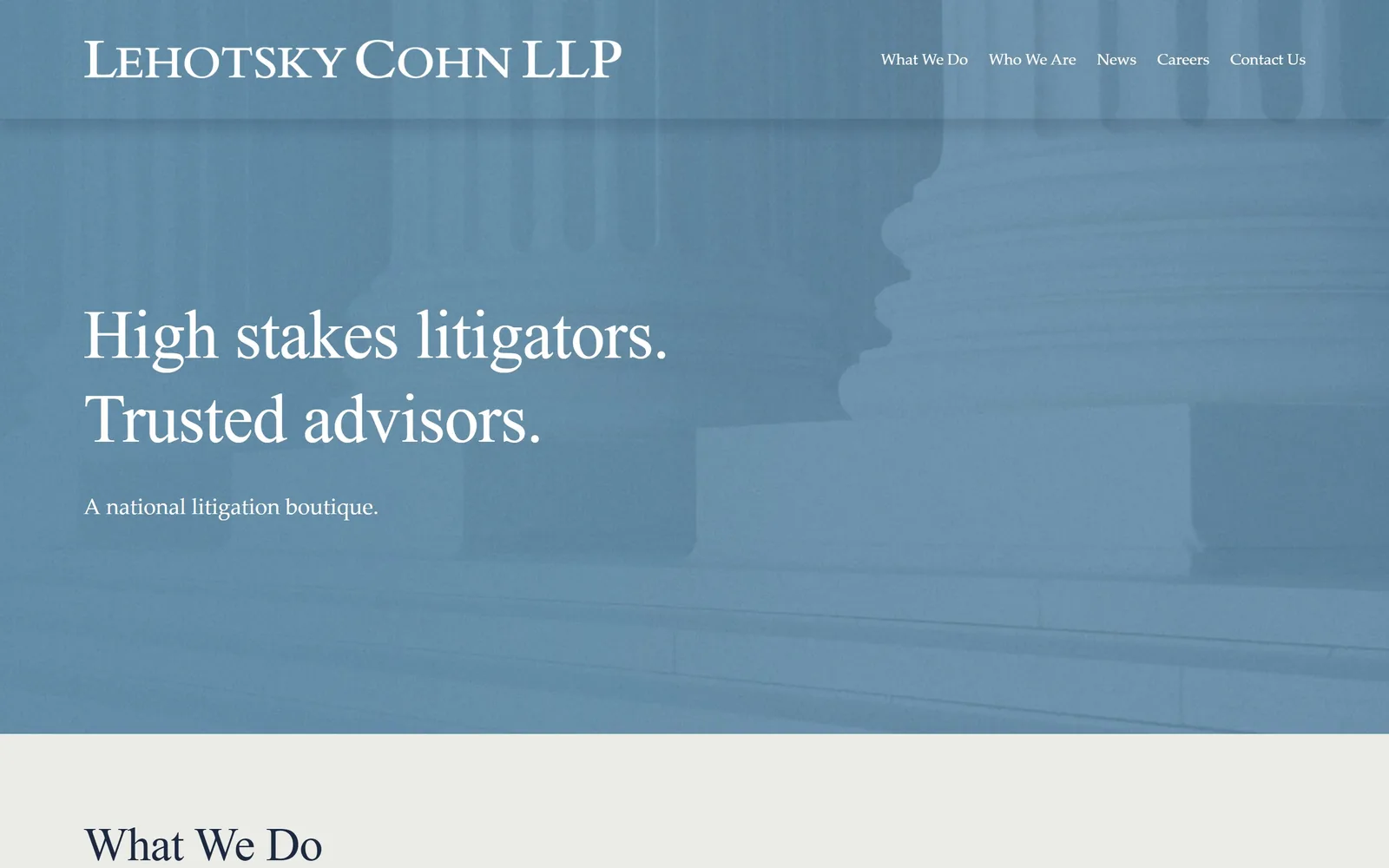 lehotskycohn.com, law firm website design: supreme Court columns flooded with one flat slate blue