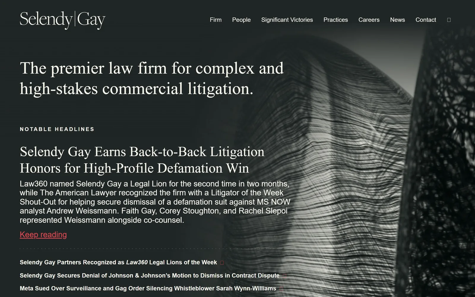 selendygay.com, law firm website design: a black and white sculpture photograph at right
