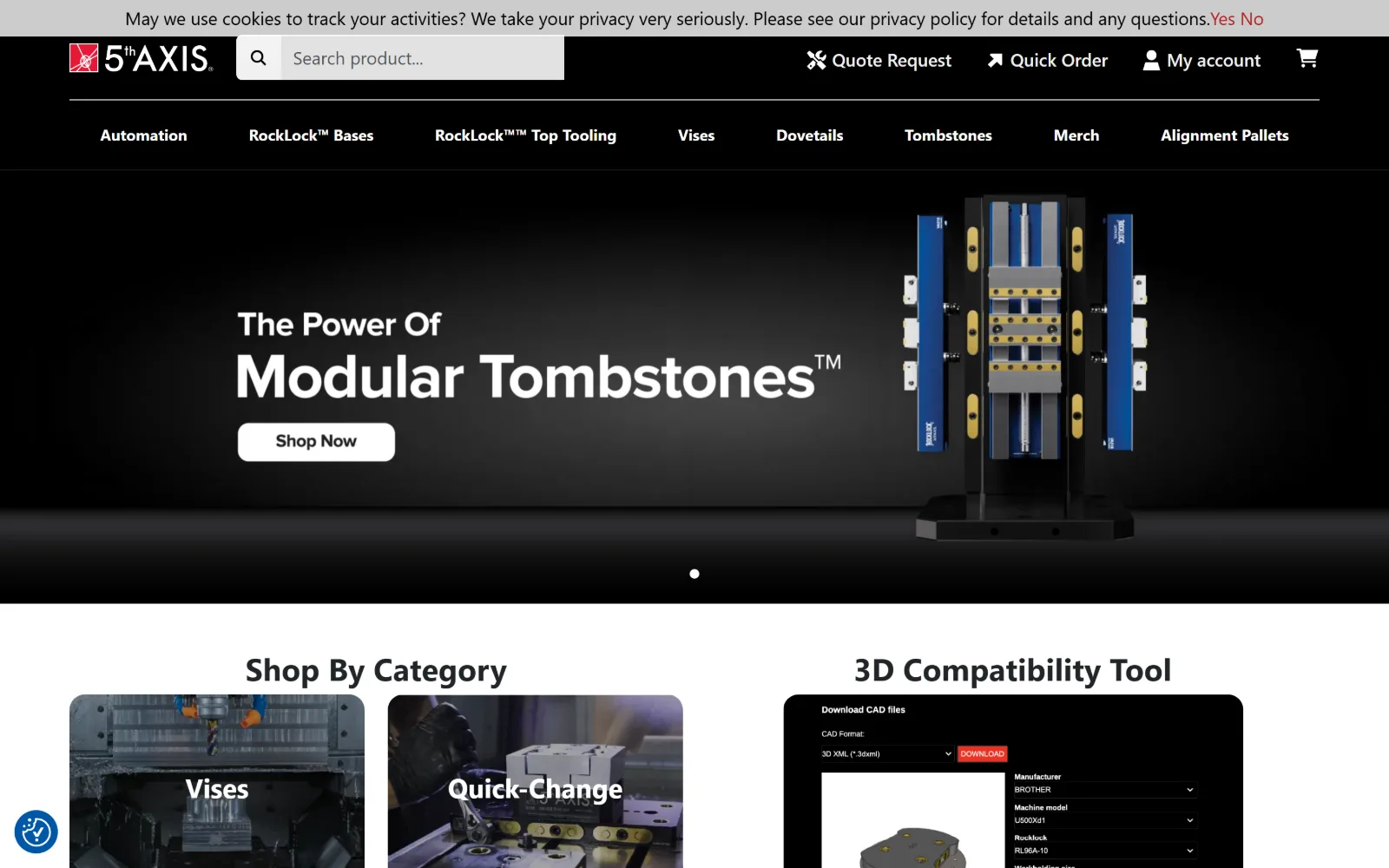 5thaxis.com, manufacturing website design: black header with a product search bar sits above a dark hero of a blue and gold tombstone
