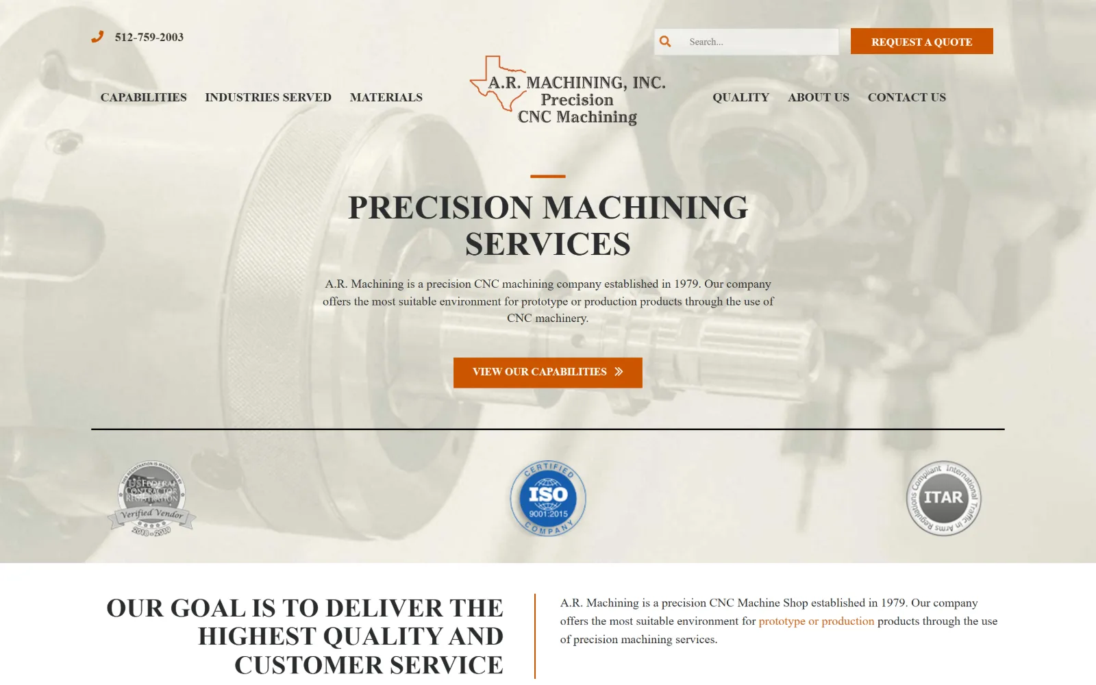 armachining.com, manufacturing website design: sepia-toned lathe chuck sits behind centred serif capitals, a short paragraph