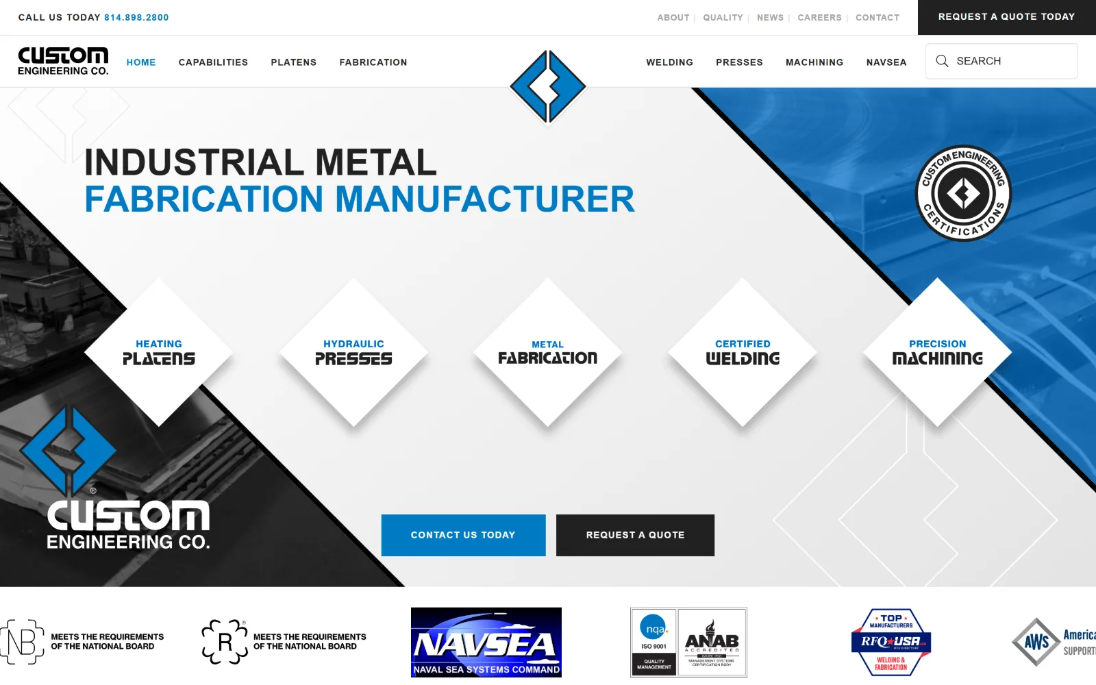 customeng.com, manufacturing website design: five white diamonds holding service names cross a diagonal split between a grey factory photo