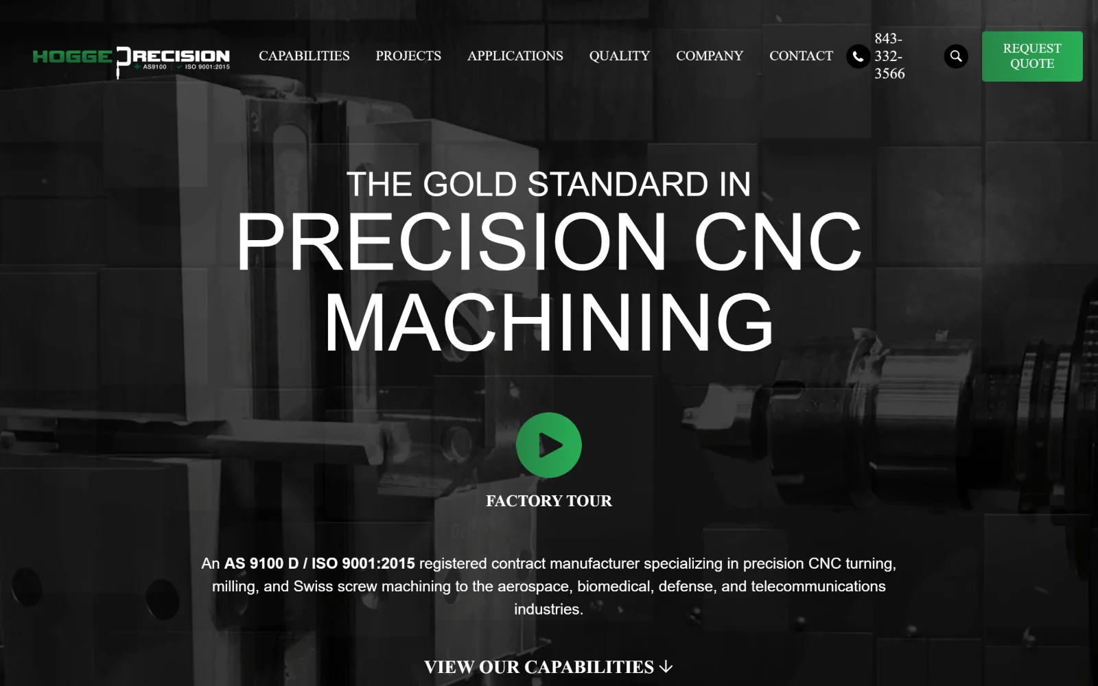 hoggeprecision.com, manufacturing website design: desaturated machining footage fills the frame under a 104px white headline