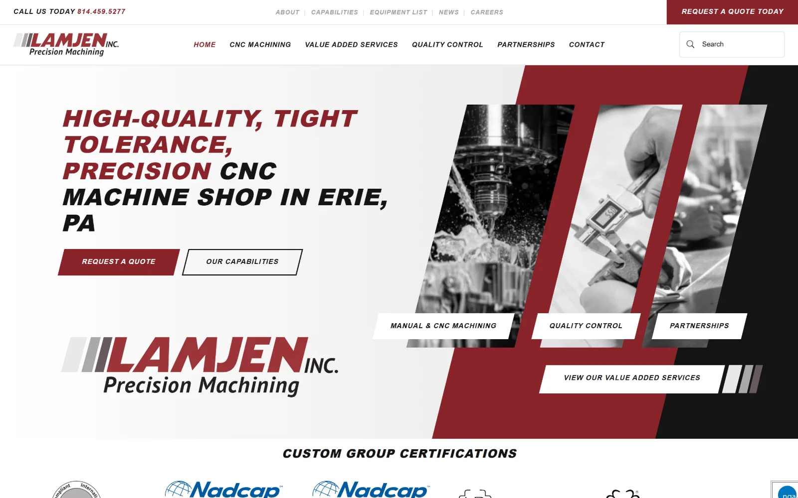 lamjen.com, manufacturing website design: red parallelogram sweeps the frame behind three skewed greyscale machining photos