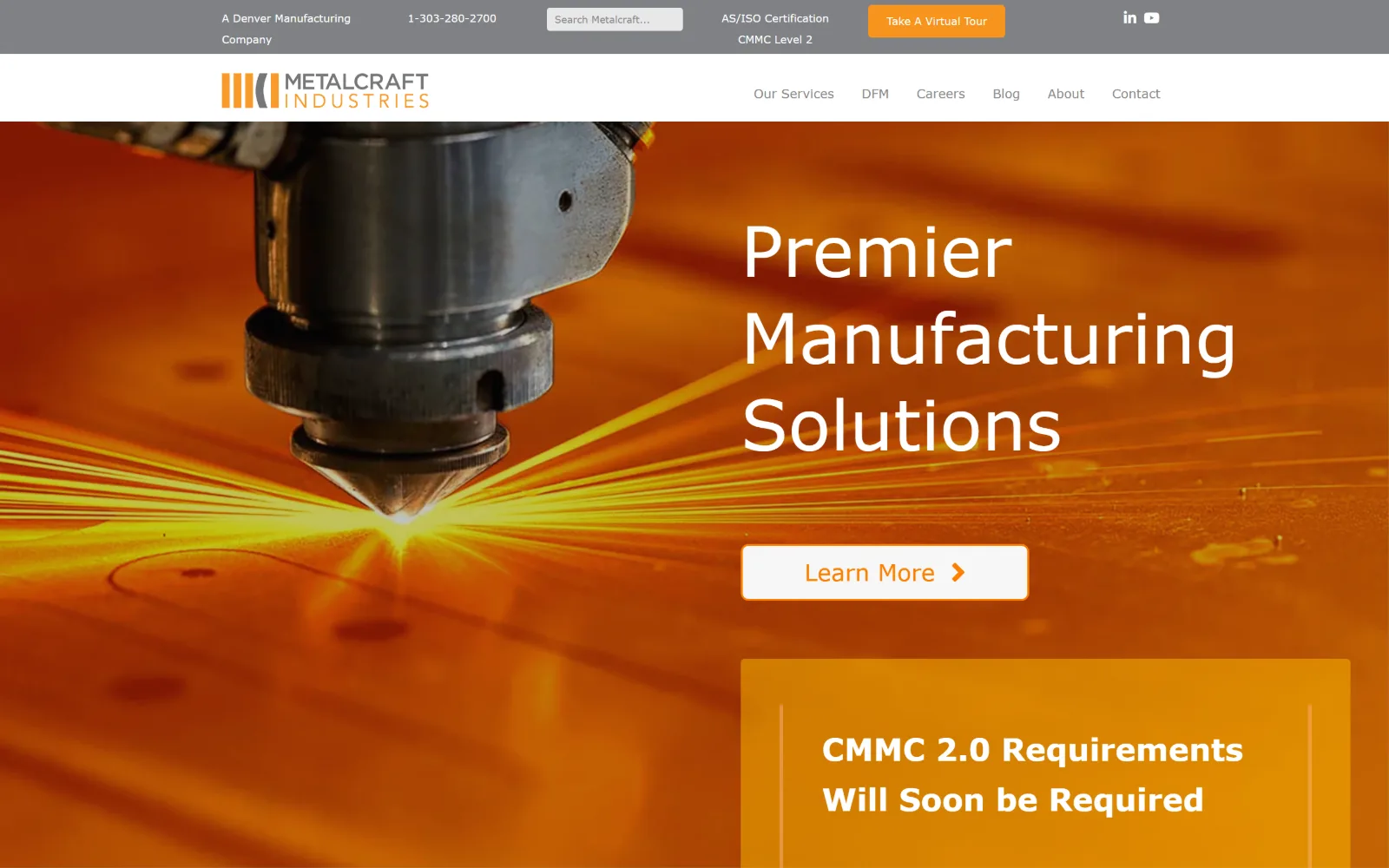 metalcraftind.com, manufacturing website design: laser head cutting plate throws yellow sparks across an orange field