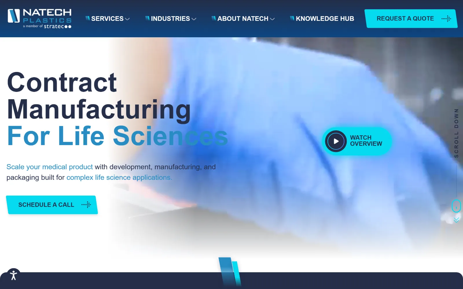natechplastics.com, manufacturing website design: gloved hands in blue blur behind a navy header bar