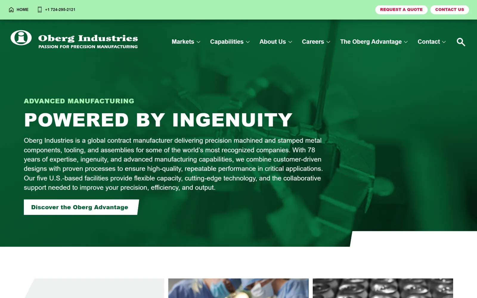 oberg.com, manufacturing website design: the whole screen is flooded dark green