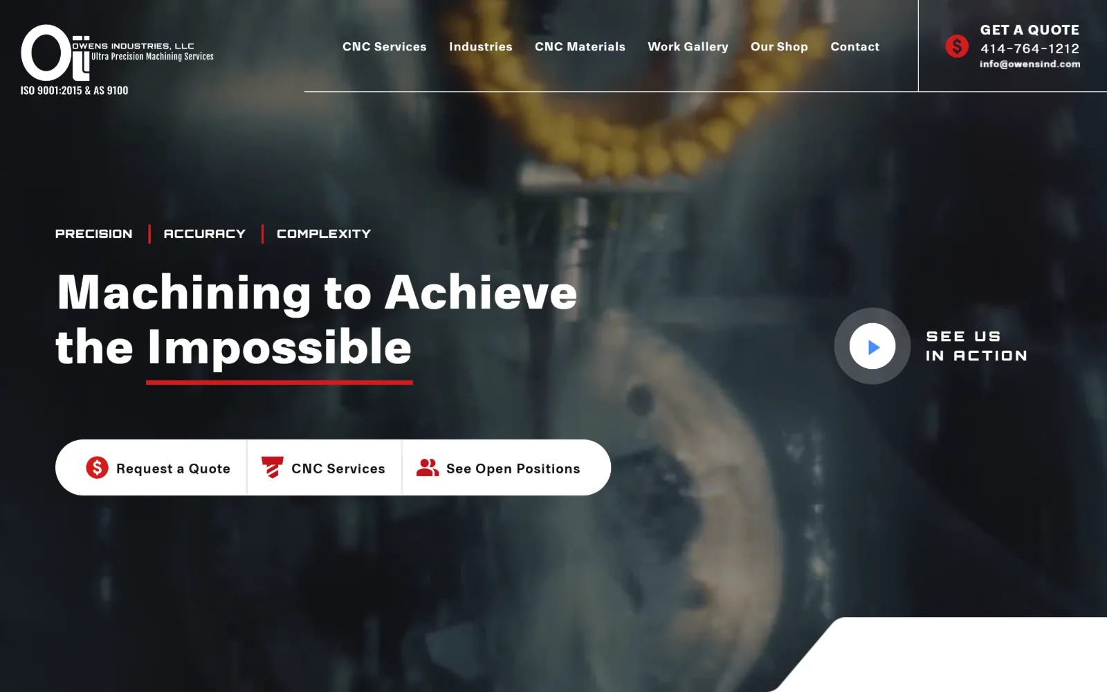 owensind.com, manufacturing website design: dark machining video runs behind a bold white two-line headline, a red rule