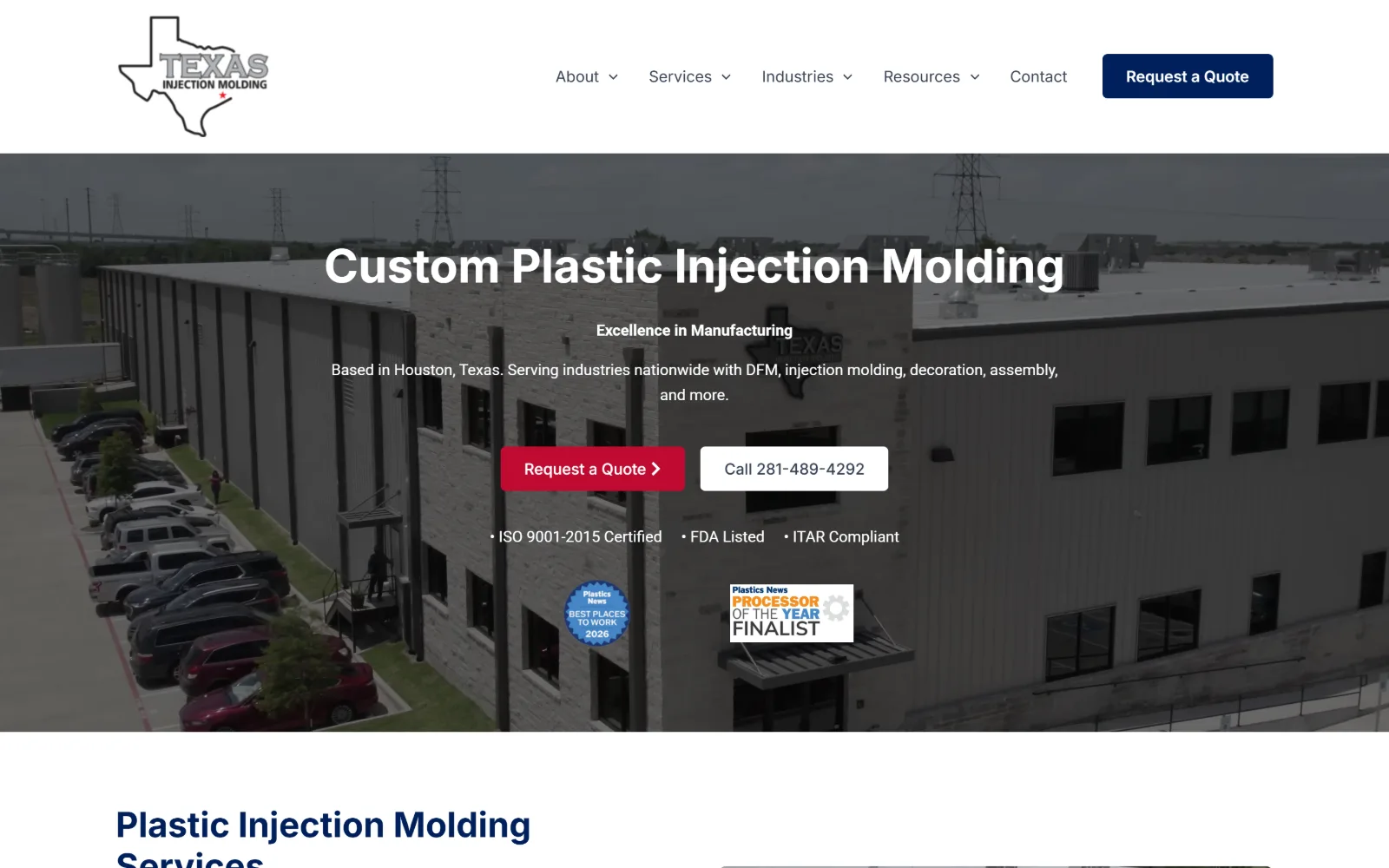 texasinjectionmolding.com, manufacturing website design: aerial photo of a grey plant building and its car park sits under a centred white