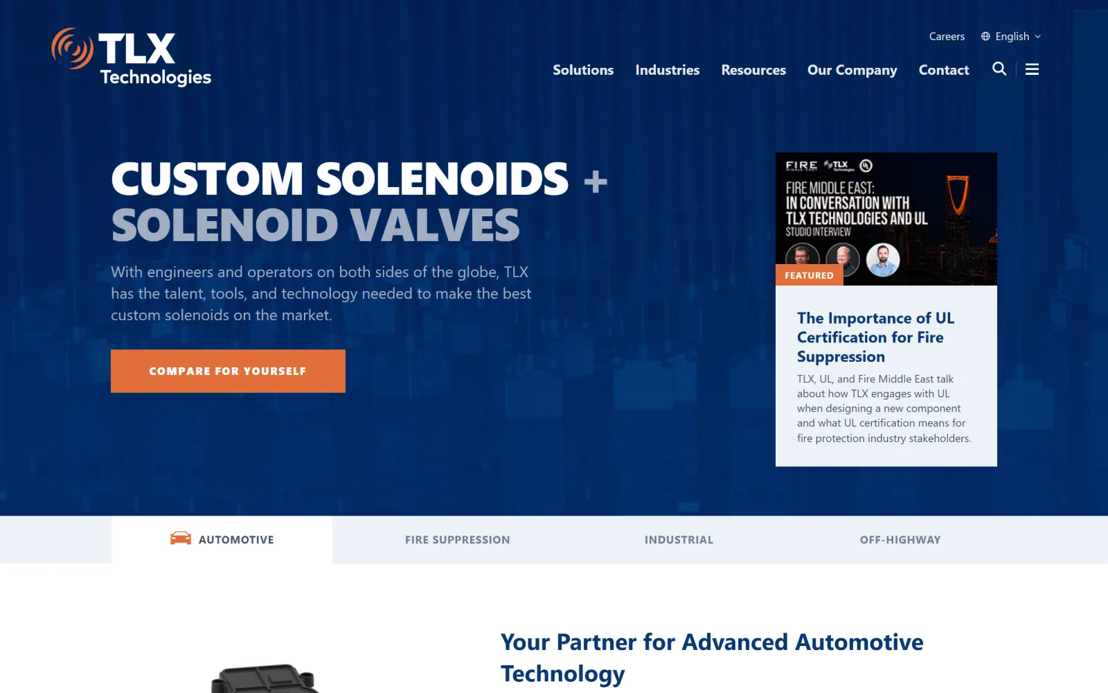 tlxtech.com, manufacturing website design: a deep navy field holds a two-line uppercase headline in white and grey, an orange button