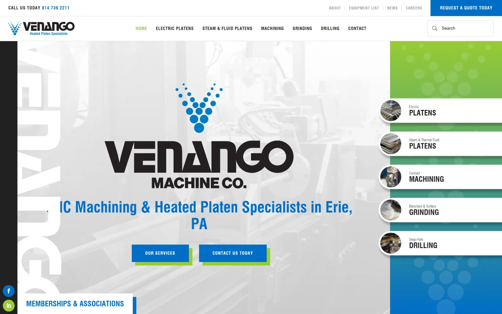 venangomachine.com, manufacturing website design: washed-out shop photo carries a black wordmark and a blue strapline