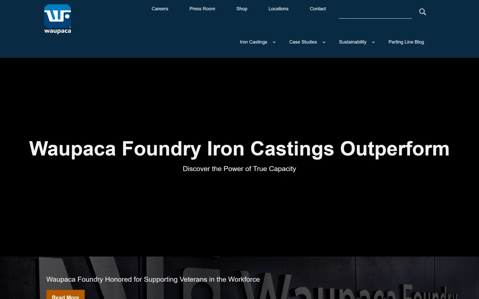 waupacafoundry.com, manufacturing website design: white headline type and a one-line subhead sit alone on a black field