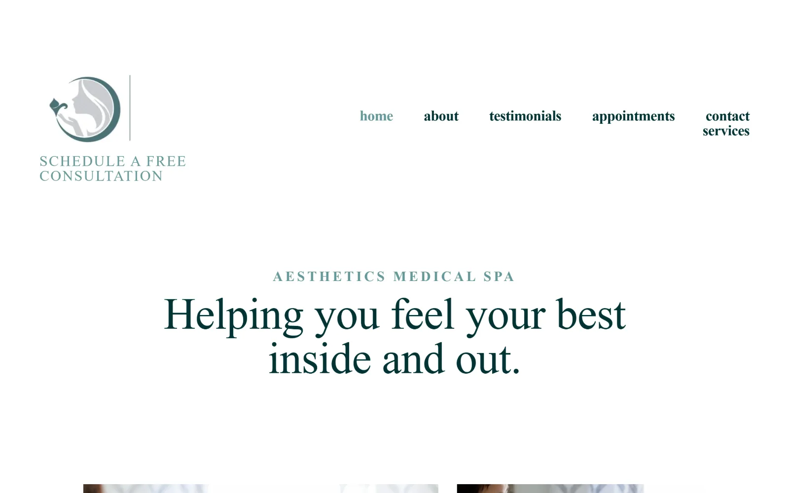aleamedspa.com, med spa website design: an almost empty white page with a circular logo and a teal consultation line top left