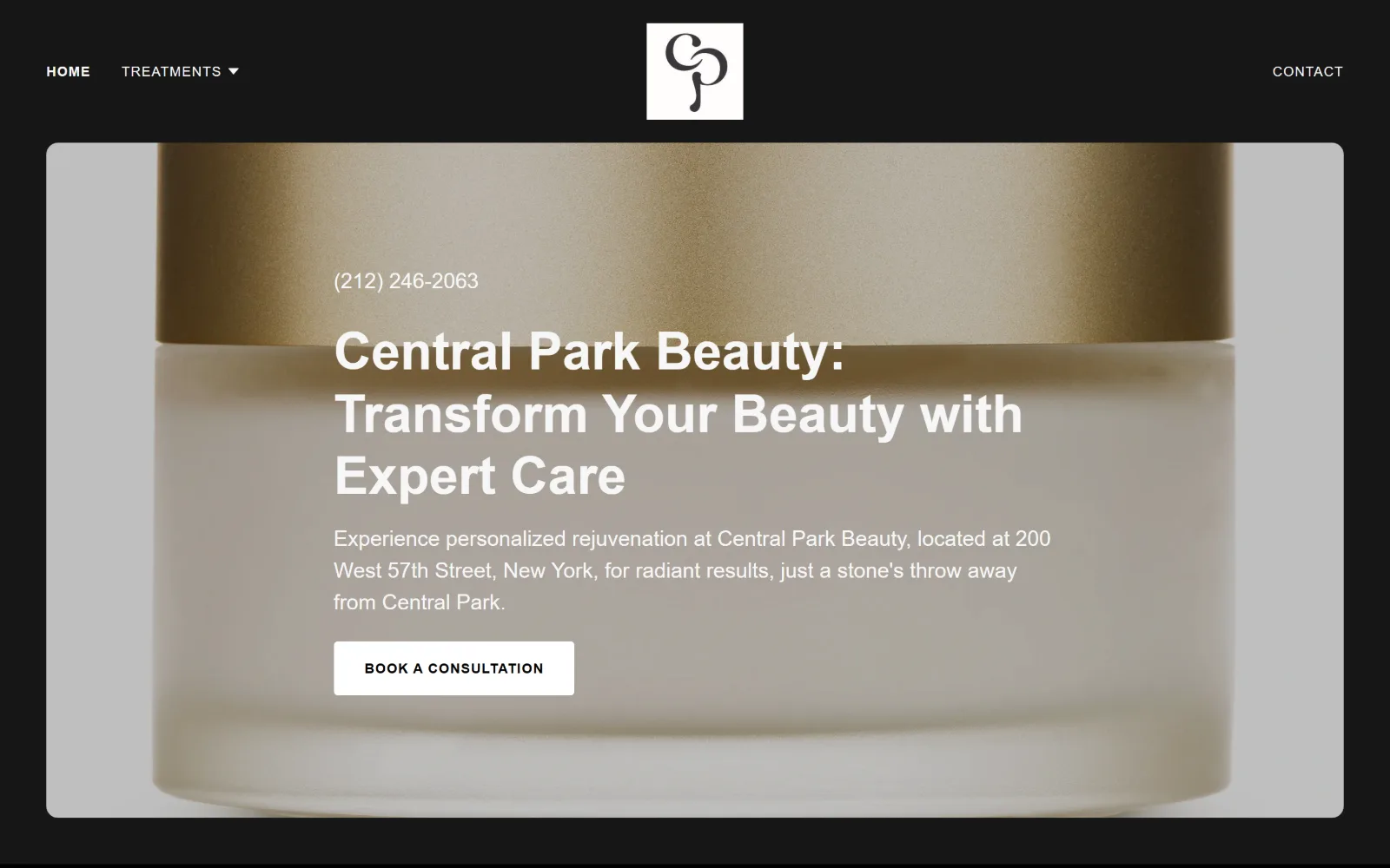centralparkbeauty.com, med spa website design: shot close, a gold-lidded cream jar fills a rounded panel on black, with a phone number