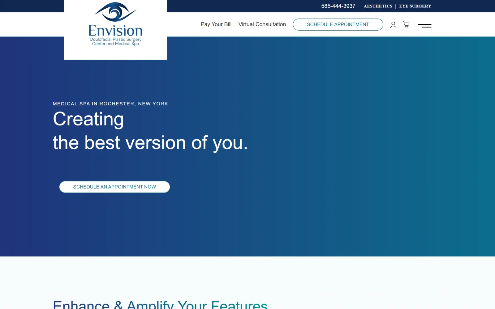 envisionroc.com, med spa website design: navy fades to teal across the hero behind a white two-line headline and a pill button at the left