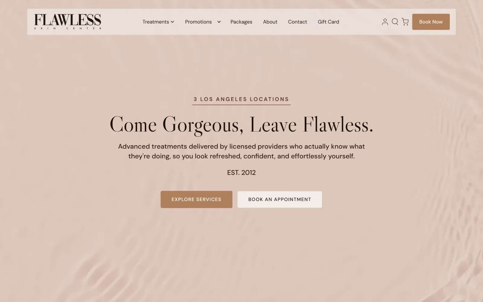 flawlessskincenter.com, med spa website design: centred black serif type sits on a rippling blush-pink water video