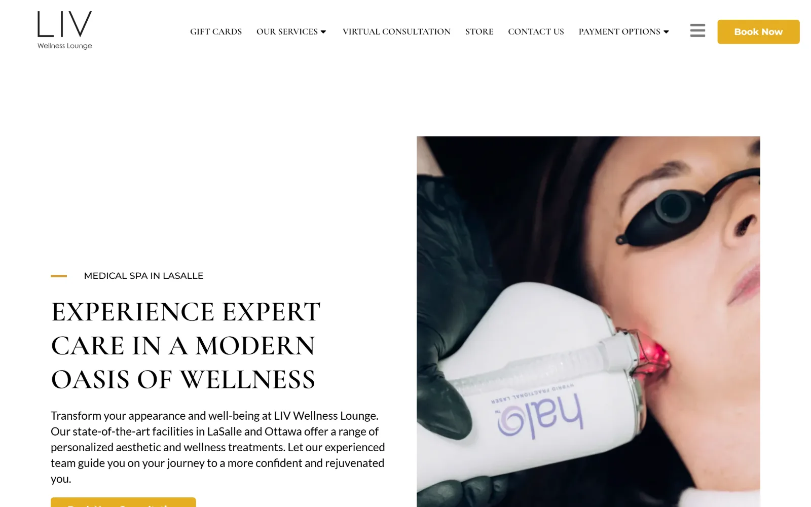 livclinic.com, med spa website design: white fills the left half with a gold rule, a serif headline in caps and a paragraph
