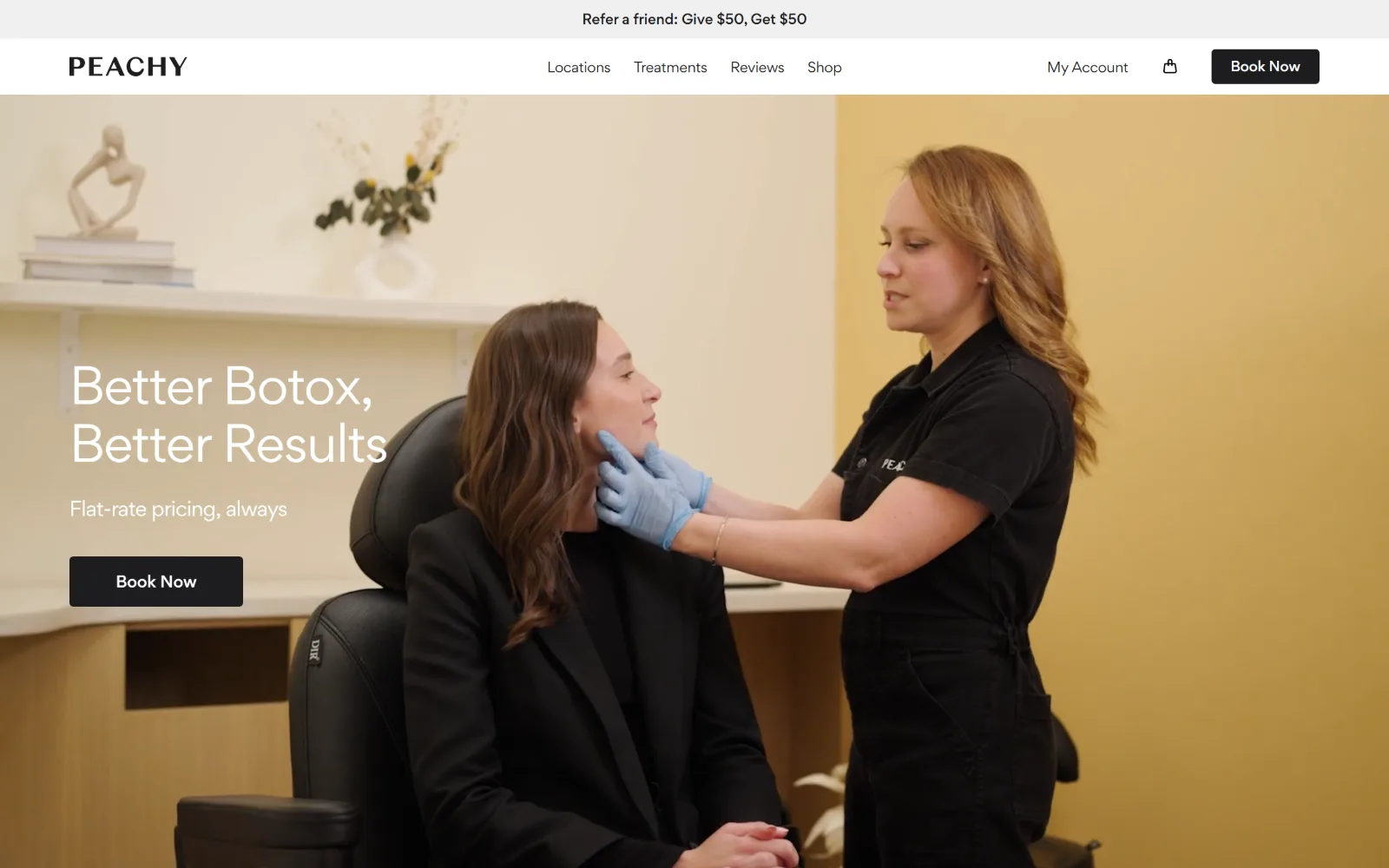 peachystudio.com, med spa website design: in a warm yellow treatment room, a clinician in black scrubs assesses a seated client