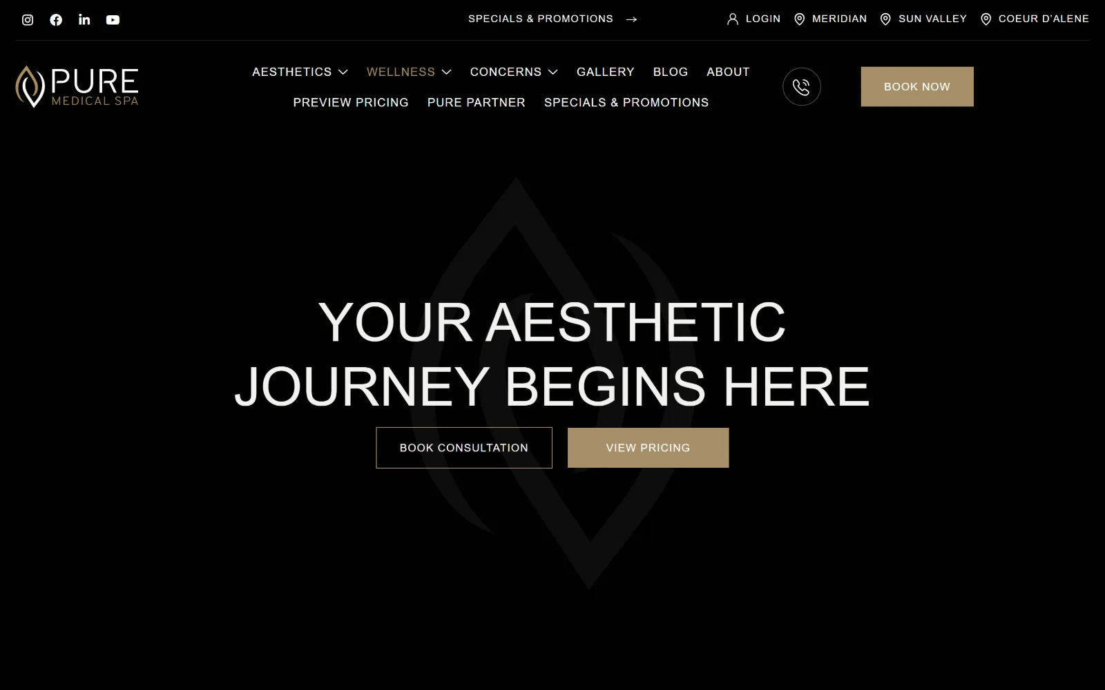 puremedicalspaidaho.com, med spa website design: two lines of large white capitals sit centred on near-black over a faint logo watermark