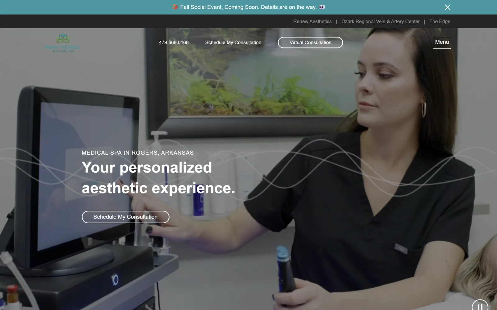renewaesthetics.com, med spa website design: filling the frame, a video still of a clinician operating a treatment device