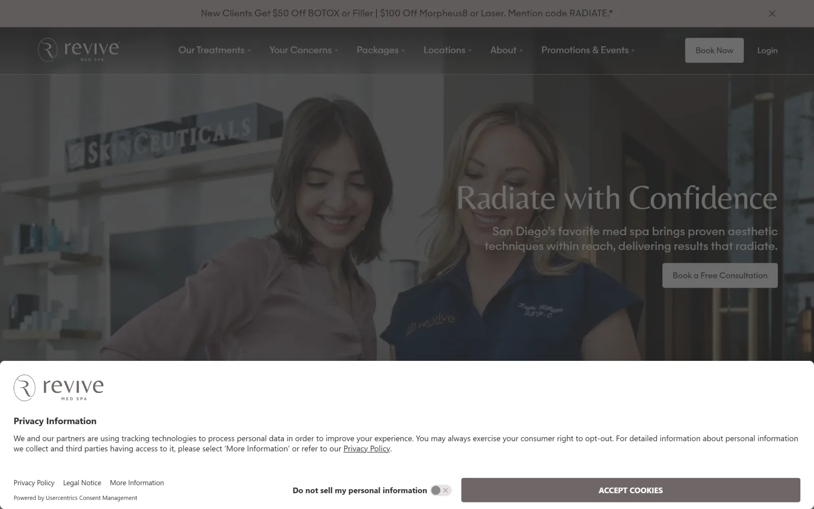 revive.md, med spa website design: before a lit retail shelf two women talk