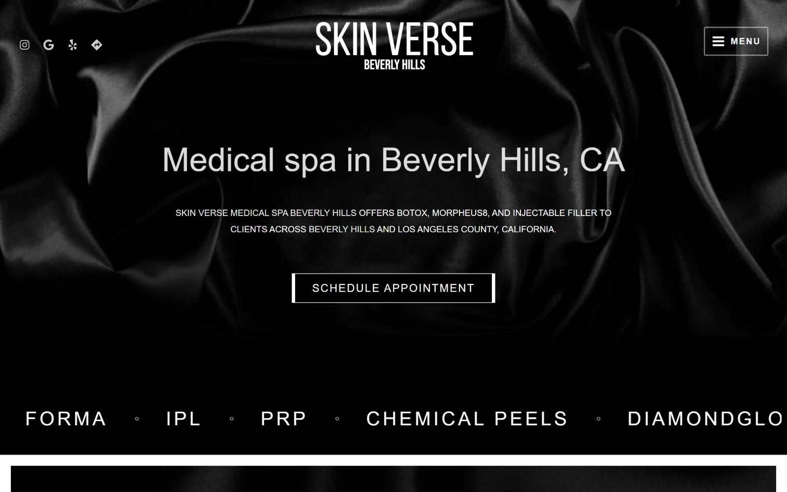 skinversemedspa.com, med spa website design: black satin fills the frame behind a centred white wordmark
