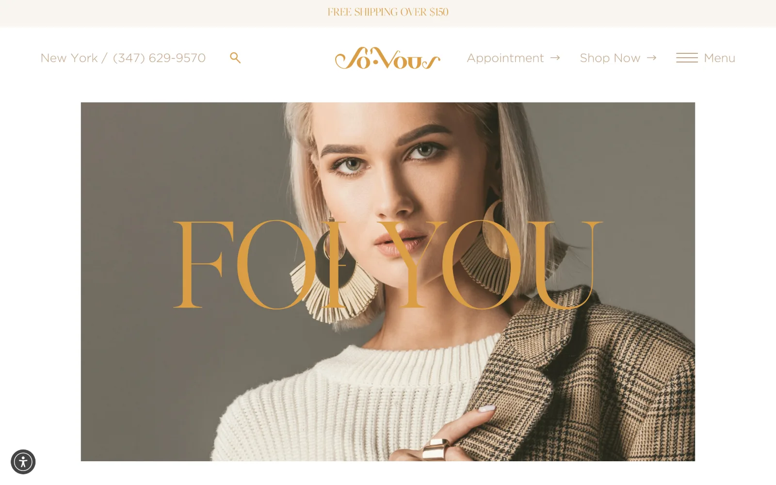 sovous.com, med spa website design: gold display letters run across the middle of a contained portrait of a woman in a cream knit