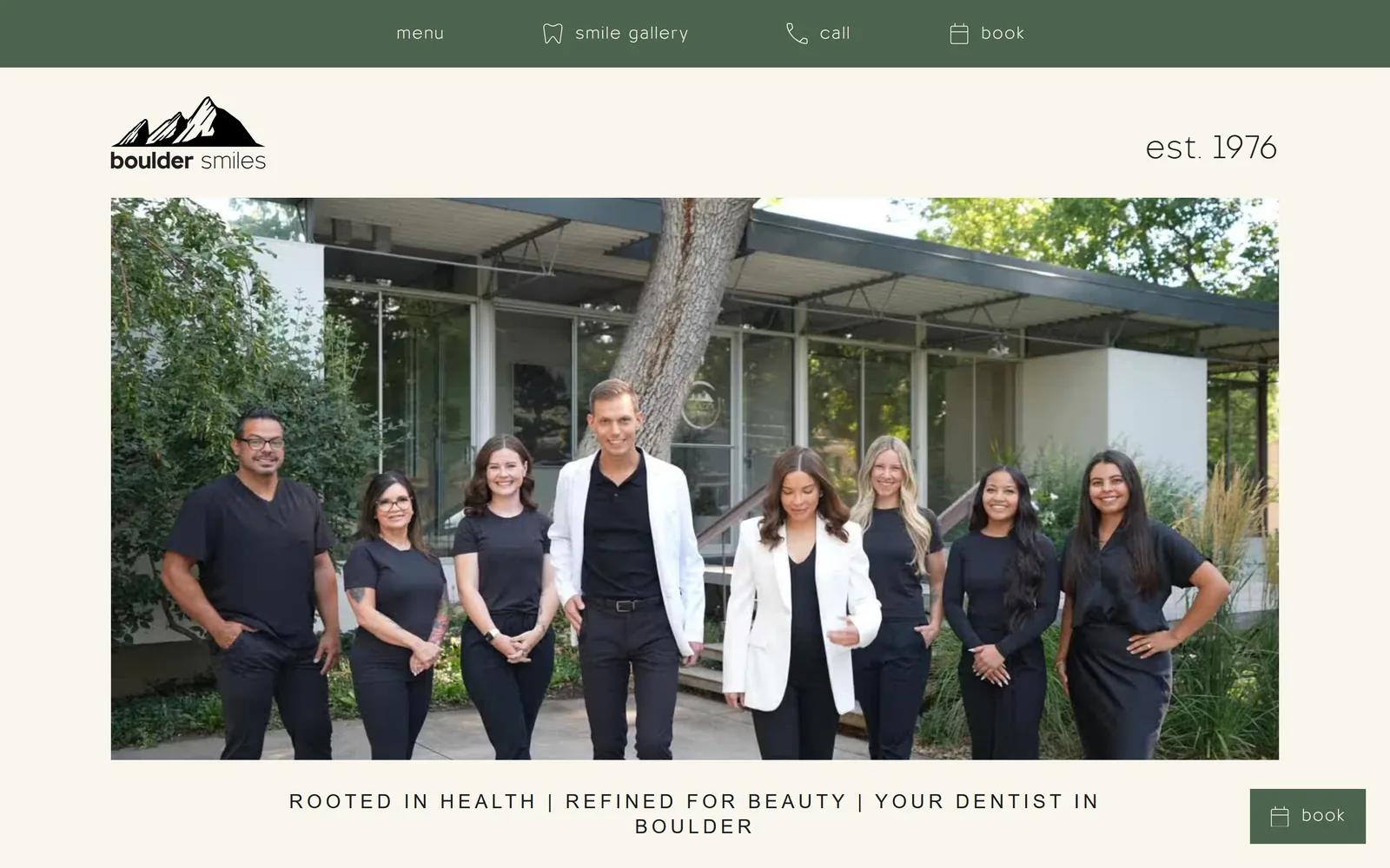 bouldersmiles.com, medical website design: a deep green utility bar over cream, a hand drawn mountain mark