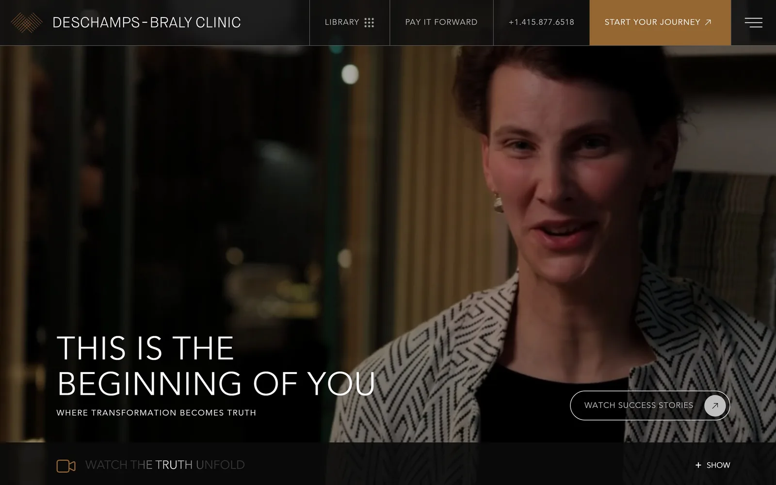 deschamps-braly.com, medical website design: a dark video frame of a patient talking