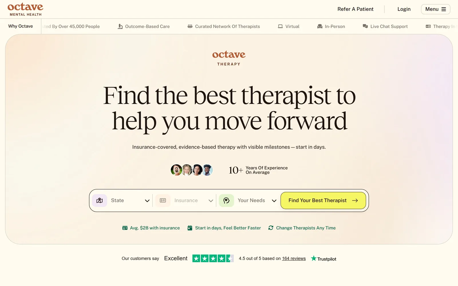 findoctave.com, medical website design: a soft pastel gradient panel holds a large serif headline above a three field therapist finder