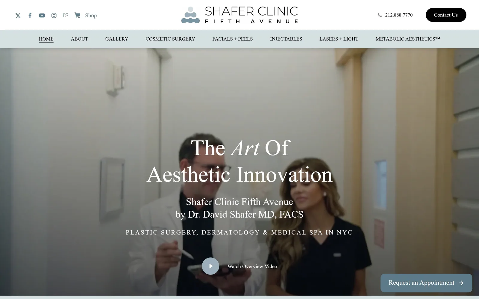 shaferplasticsurgery.com, medical website design: a pale blue nav strip over a washed out clinic video