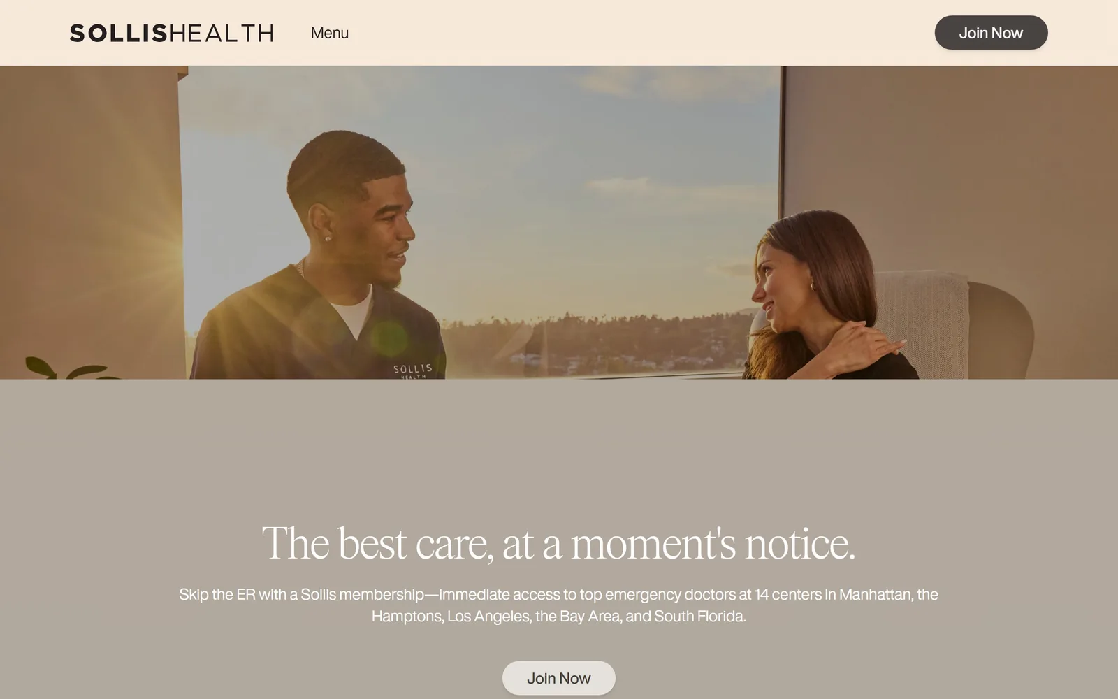 sollishealth.com, medical website design: a cream nav bar, a sunlit consultation photograph, then a greige block carrying a light serif line