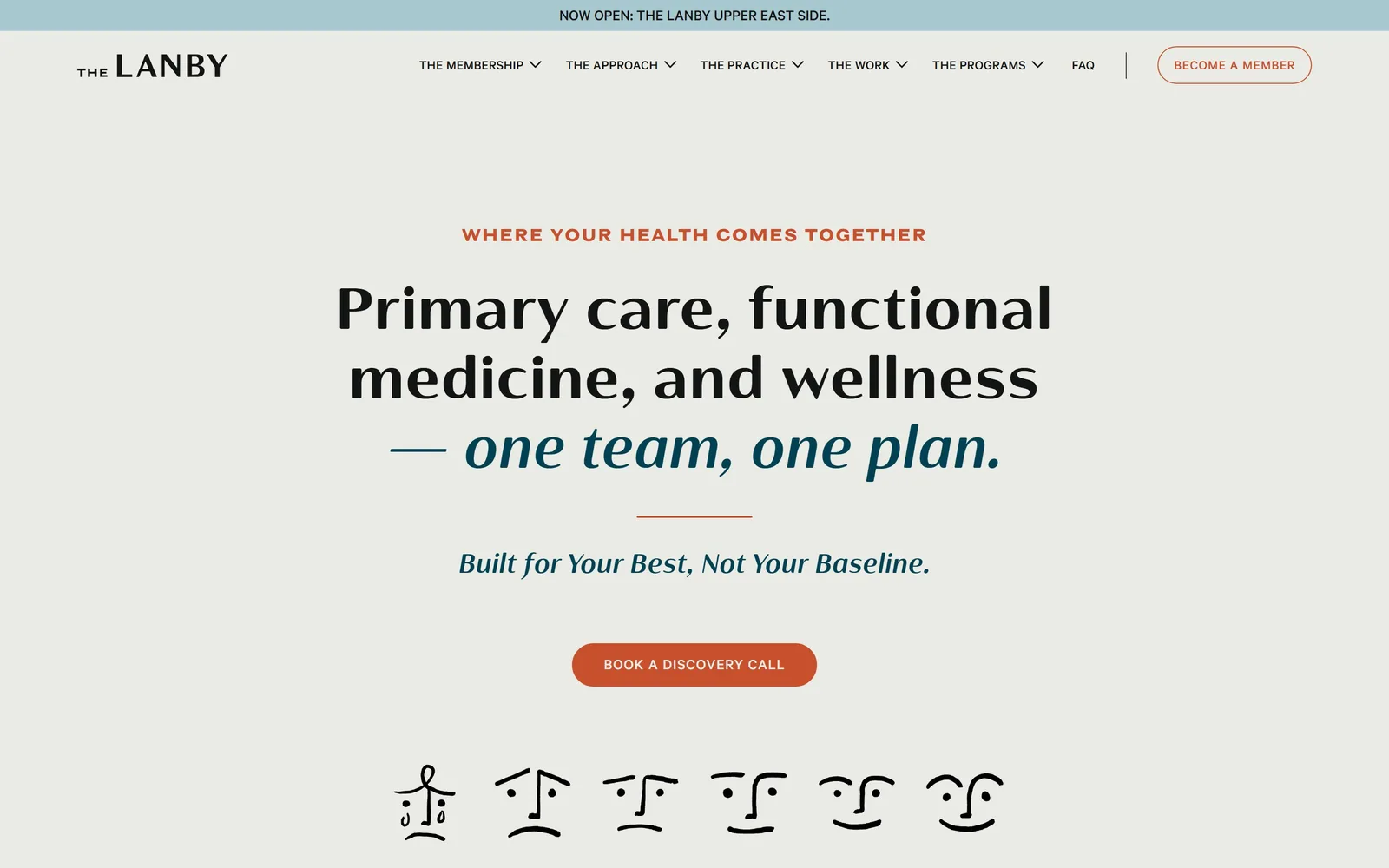 thelanby.com, medical website design: a centred headline breaks into teal italic on its third line, over cream