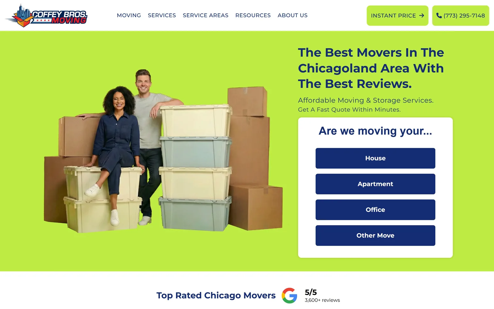 coffeybrosmoving.com, moving company website design: a lime green hero with two people on moving crates and a white card asking House