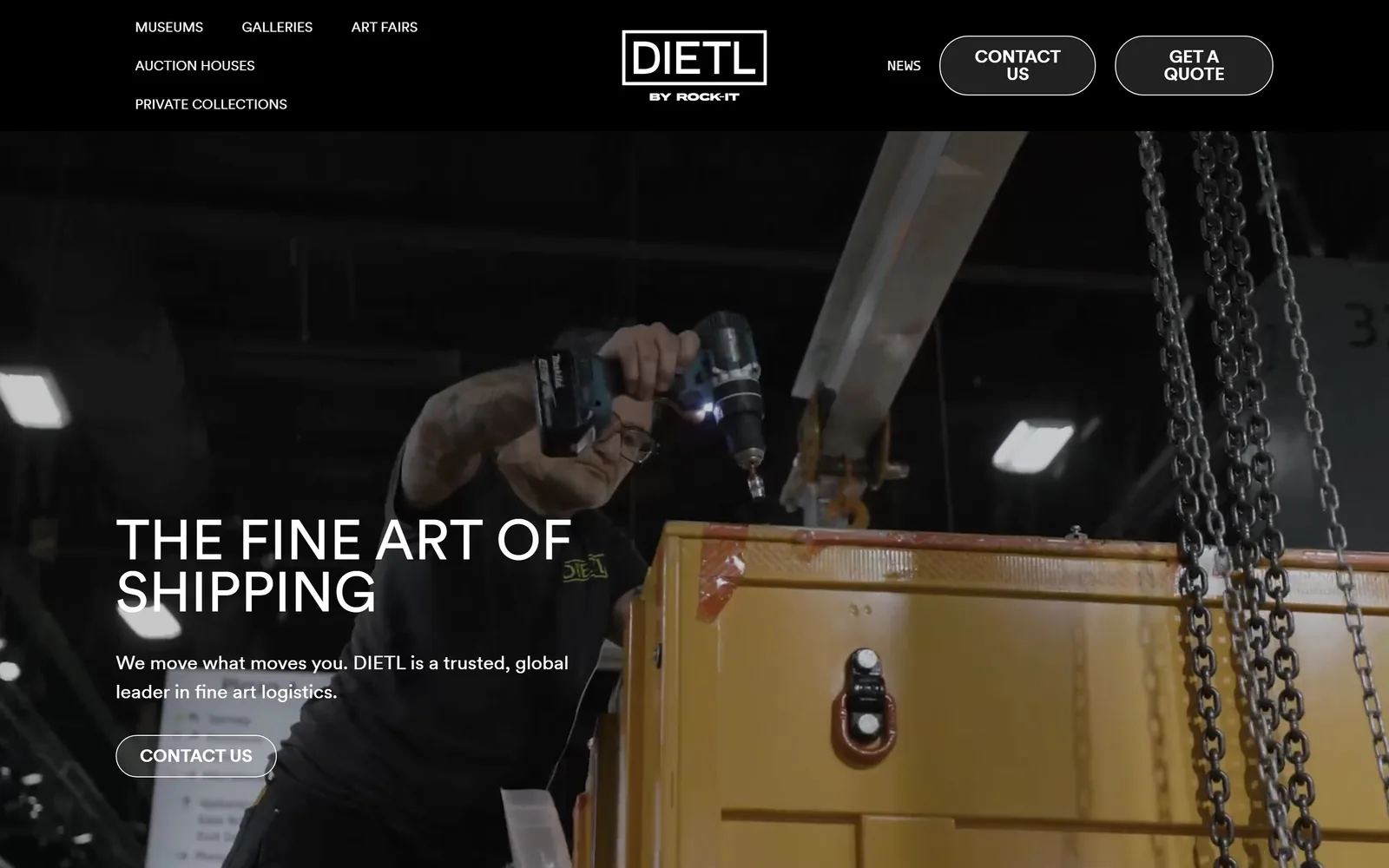 dietl.com, moving company website design: a dark warehouse video fills the frame; THE FINE ART OF SHIPPING sits low-left in thin white caps