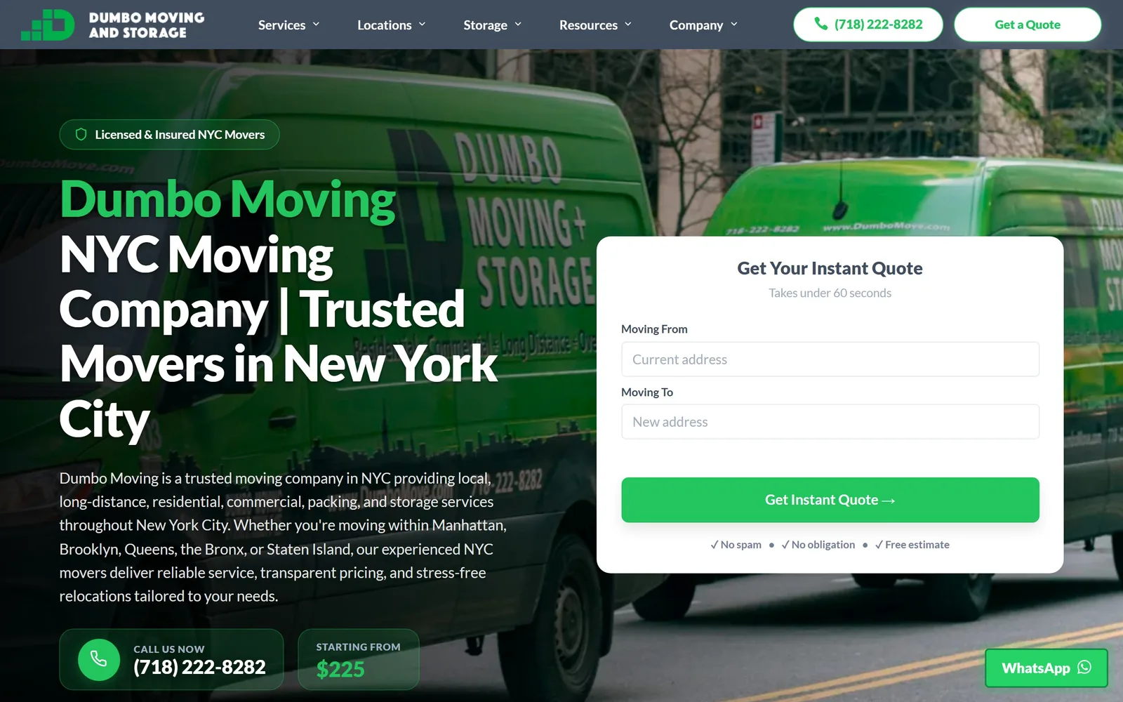 dumbomoving.com, moving company website design: a green box truck fills the hero behind a 64px white headline and a white instant-quote