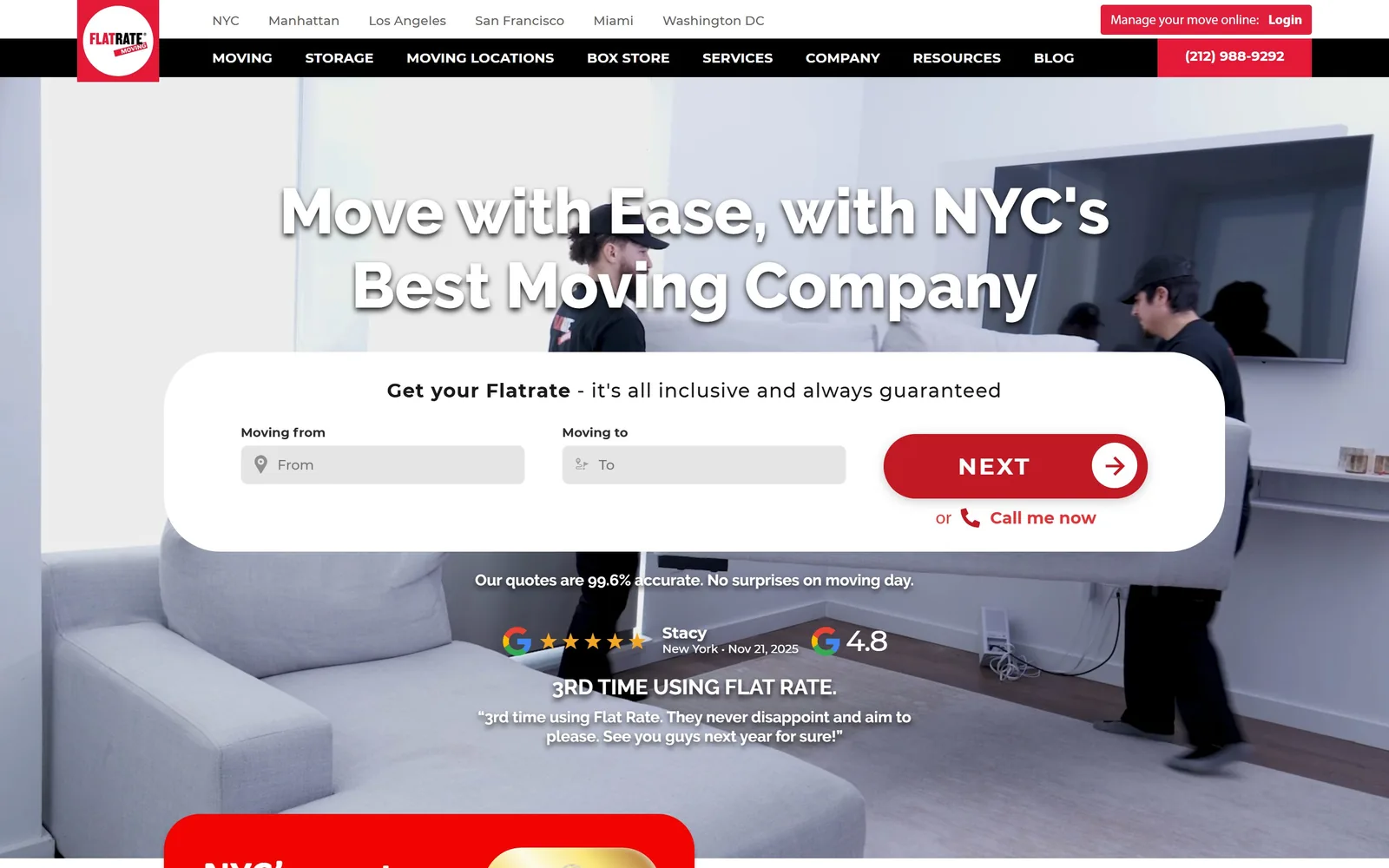 flatrate.com, moving company website design: a 66px white headline with a drop shadow over a video of movers carrying a sofa