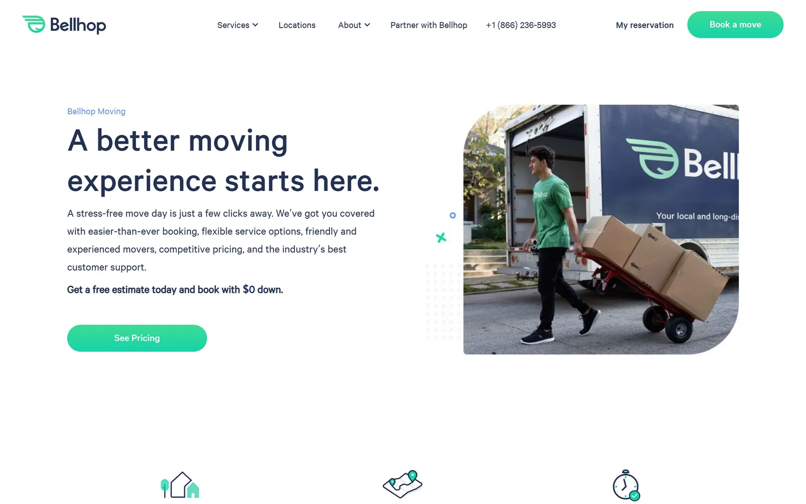 getbellhops.com, moving company website design: a 62px navy headline on white beside a rounded photograph of a mover with boxes