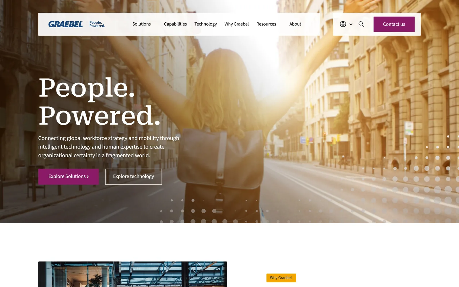 graebel.com, moving company website design: a serif headline reading People. Powered. in white over a backlit street scene