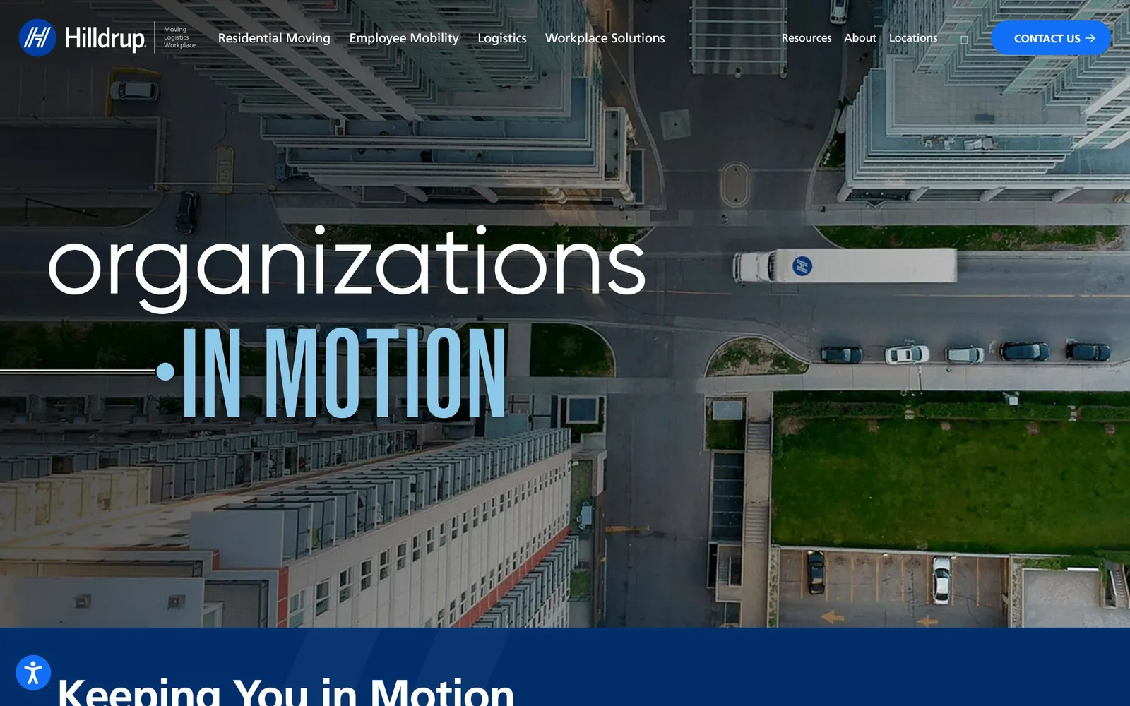 hilldrup.com, moving company website design: a 124px lowercase word over an aerial shot of a city block