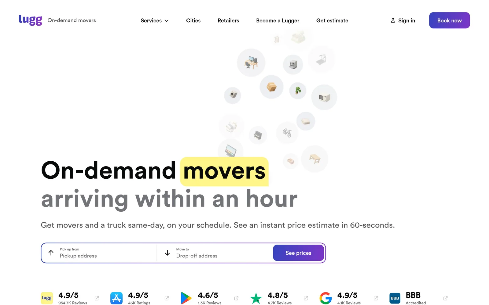 lugg.com, moving company website design: a 72px headline with 'movers' sitting on a yellow marker swipe