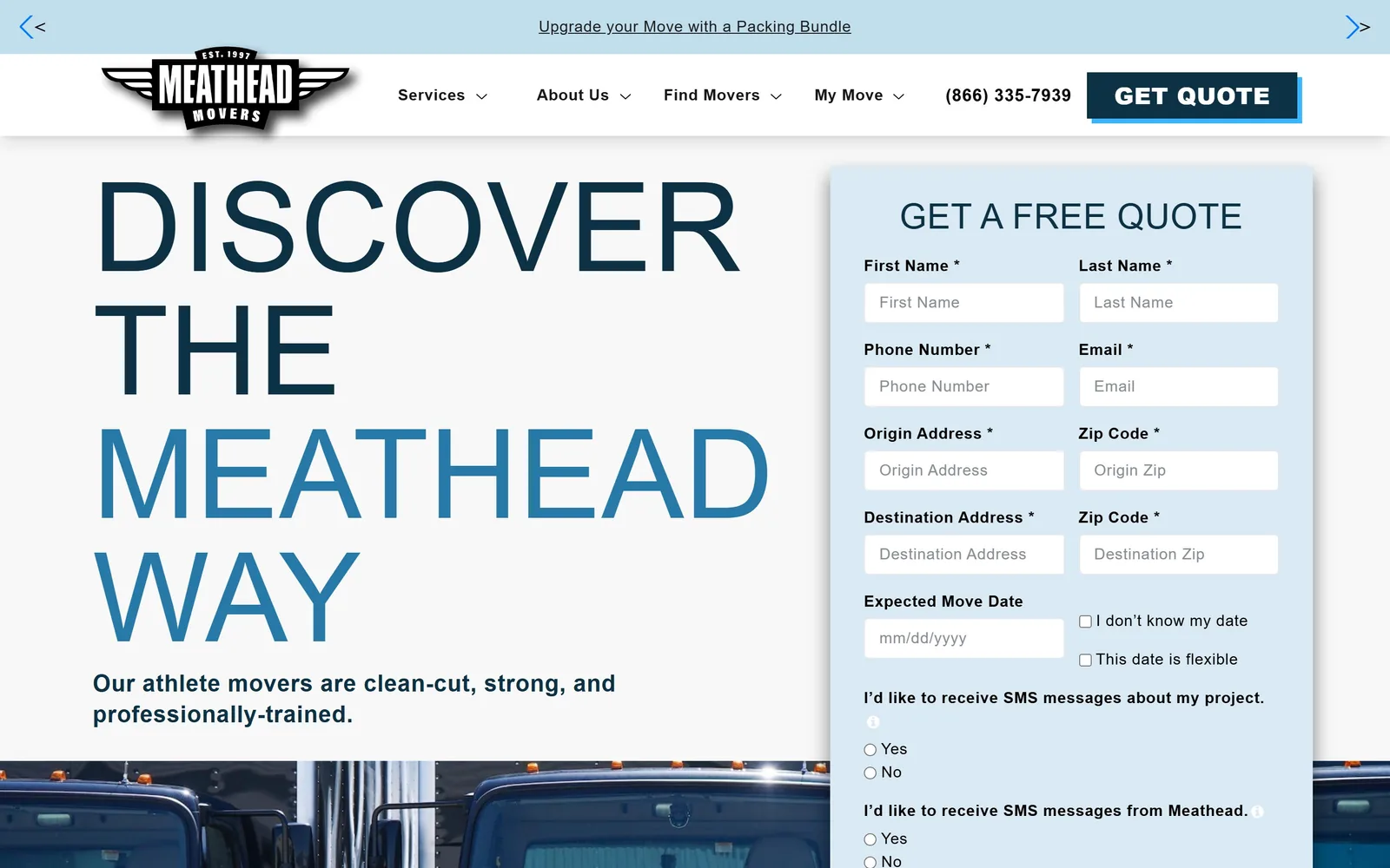 meatheadmovers.com, moving company website design: dISCOVER THE MEATHEAD WAY at 128px in extra-condensed caps, half navy and half mid-blue