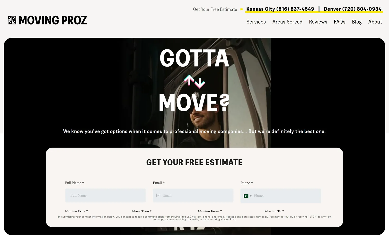 movingproz.com, moving company website design: gOTTA MOVE? in white caps split by two glitchy arrows over a dark cab shot