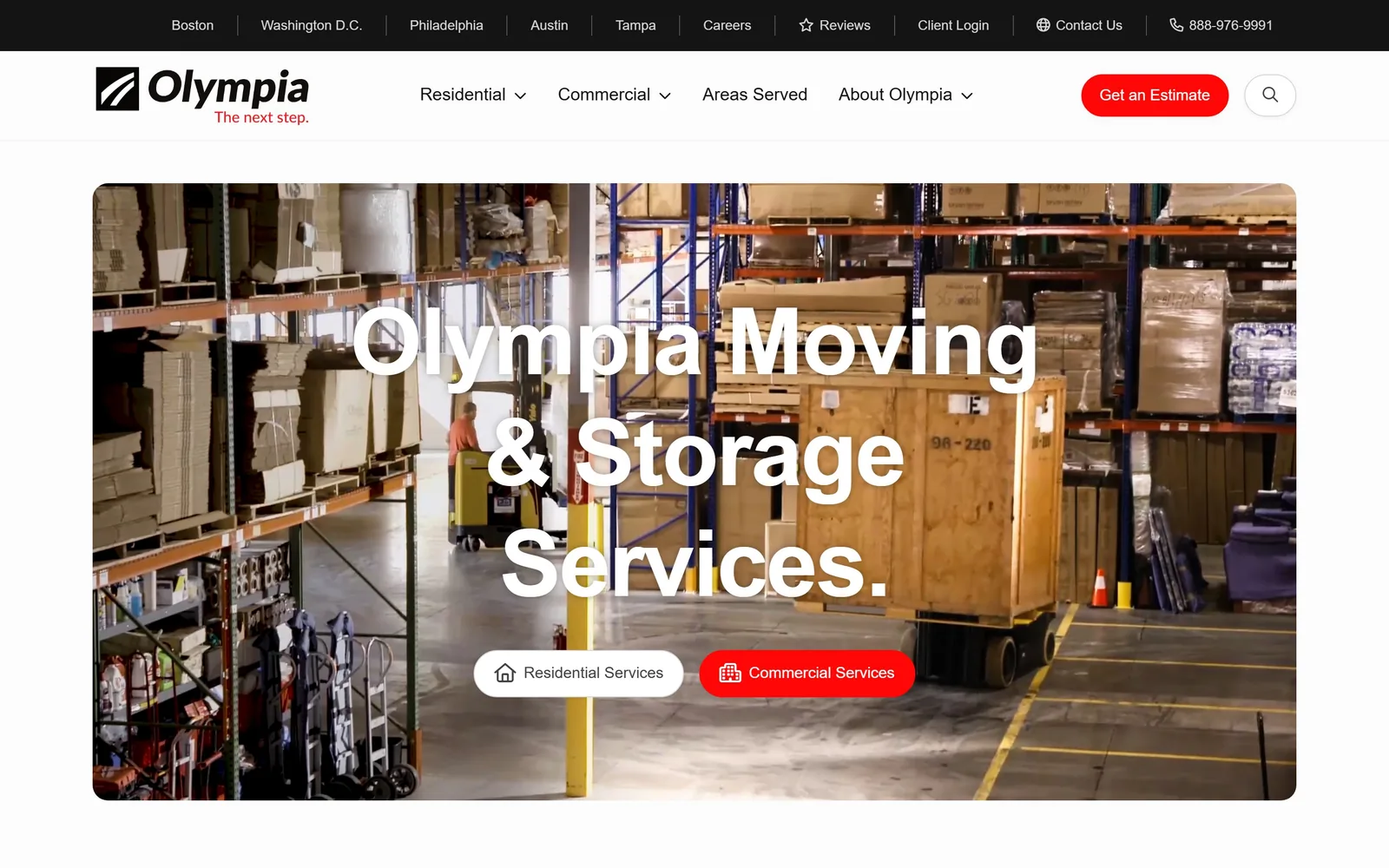 olympiamoving.com, moving company website design: a 96px white headline laid over an inset rounded warehouse video