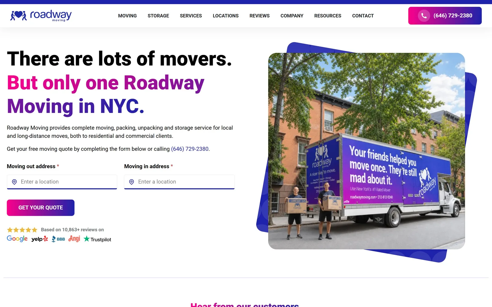 roadwaymoving.com, moving company website design: a 58px headline in three colours, black to magenta to violet
